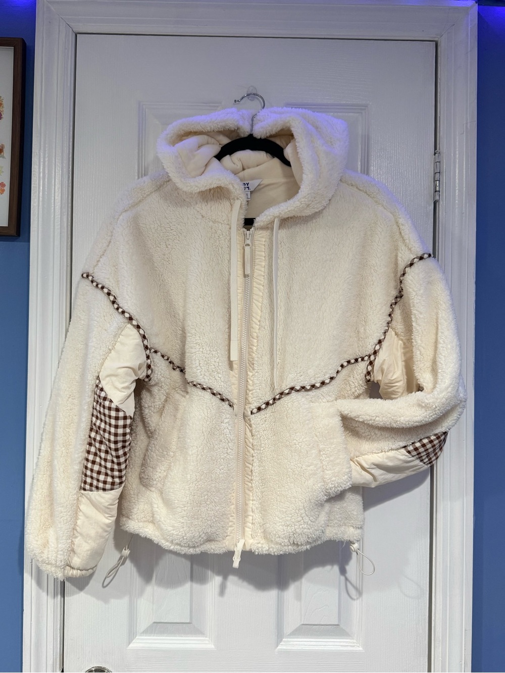 JoyLab Cream Sherpa Hoodie with Brown Gingham Trim